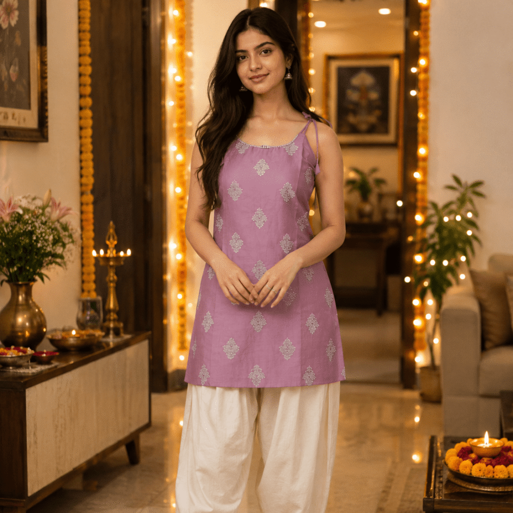 Blush Pink Shoulder Dori Short Kurti - Duova Studio