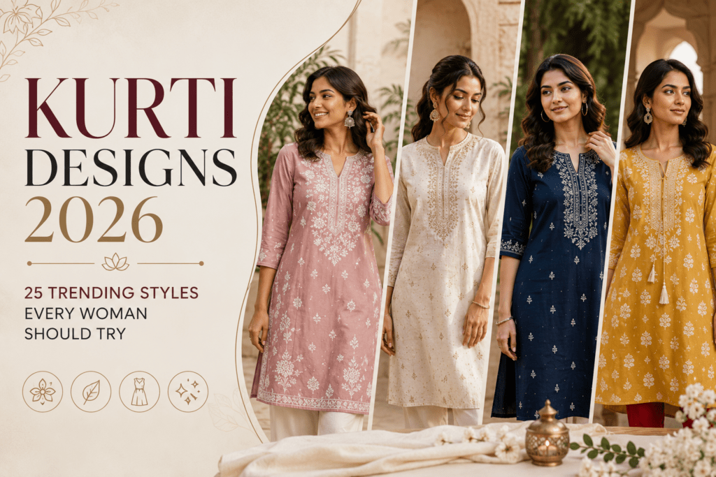 Trending kurti designs for women in 2026 featuring embroidered, printed, and contemporary ethnic styles