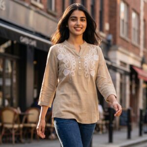 Desert beige embroidered top for women featuring white symmetrical embroidery, three-quarter sleeves, and a relaxed fit by Duova Studio.