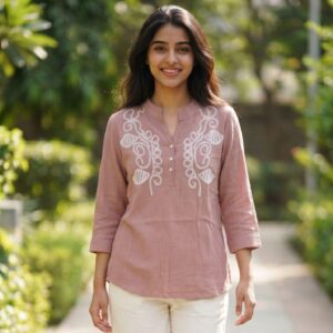 Dusty rose embroidered top for women featuring elegant white thread embroidery and three-quarter sleeves by Duova Studio.
