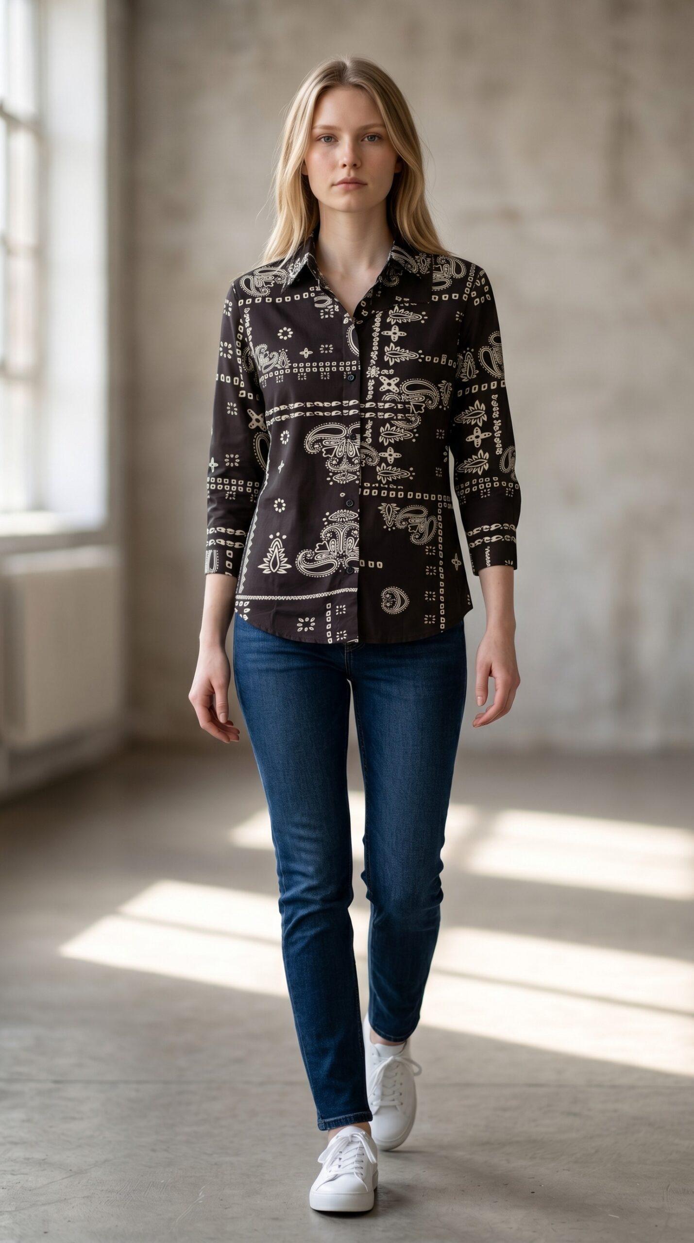 Black paisley print shirt for women featuring intricate cream motifs on a deep black base.
