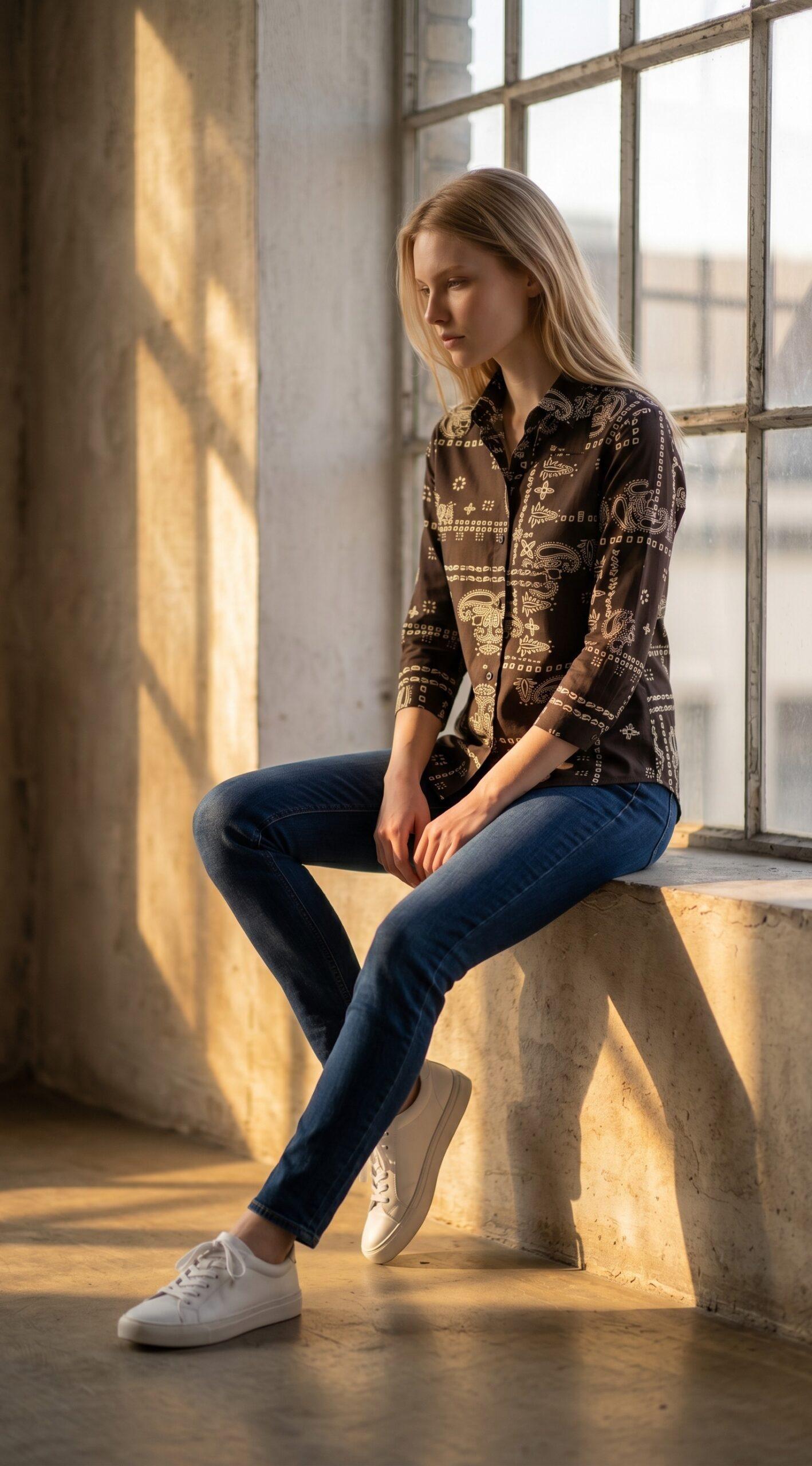 Black paisley shirt for women featuring intricate cream motifs on a deep black base.