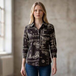 Black paisley shirt for women featuring intricate cream motifs on a deep black base.
