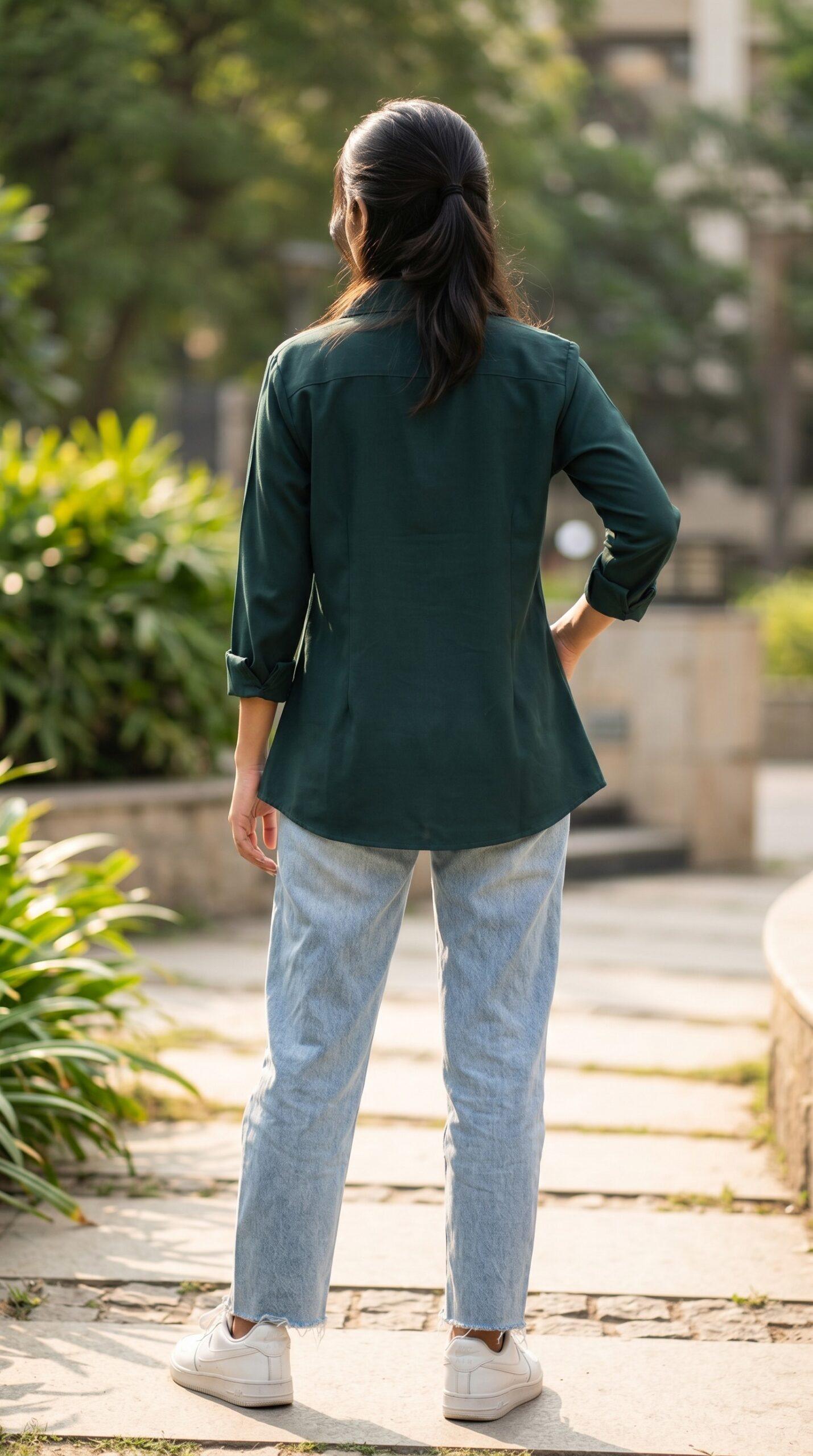 Emerald green formal shirt for women featuring a tailored fit and professional office wear styling.
