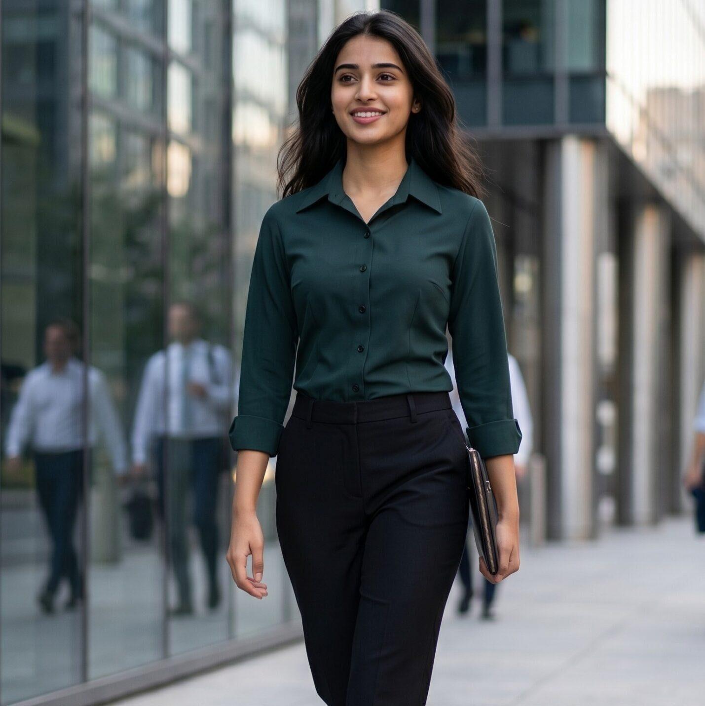 Emerald green formal shirt for women featuring a tailored fit and professional office wear styling.