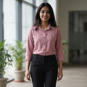 Blush pink formal shirt for women designed for office wear, business casual outfits, and professional styling.