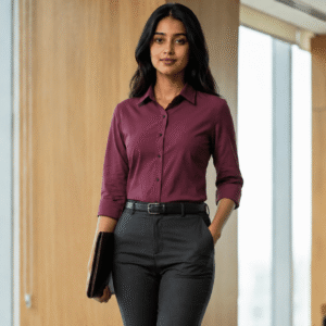 Burgundy formal shirt for women featuring a tailored fit and professional office wear styling by Duova Studio.