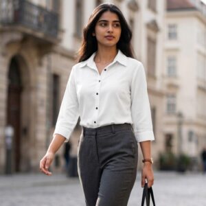 Classic white formal shirt for women featuring a tailored fit and timeless professional styling.