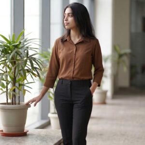 Mocha brown formal shirt for women featuring a tailored silhouette and elegant office wear styling.