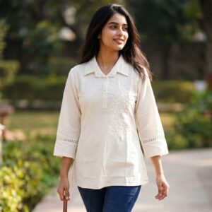Ivory cream embroidered collared top for women featuring floral thread embroidery and elegant everyday styling by Duova Studio.