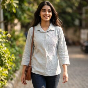Mist grey embroidered collared top for women featuring floral thread embroidery, three-quarter sleeves, and smart casual styling by Duova Studio.