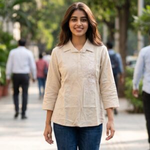 Sand beige embroidered collared top for women featuring floral embroidery and elegant smart-casual styling by Duova Studio.
