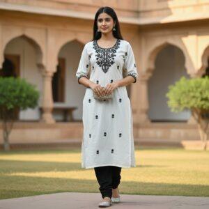 White long kurti with black floral embroidery for women featuring elegant ethnic detailing by Duova Studio.