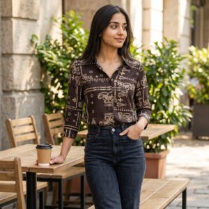 Korean-inspired paisley print shirt for women featuring vintage-inspired cream motifs on a deep brown base.