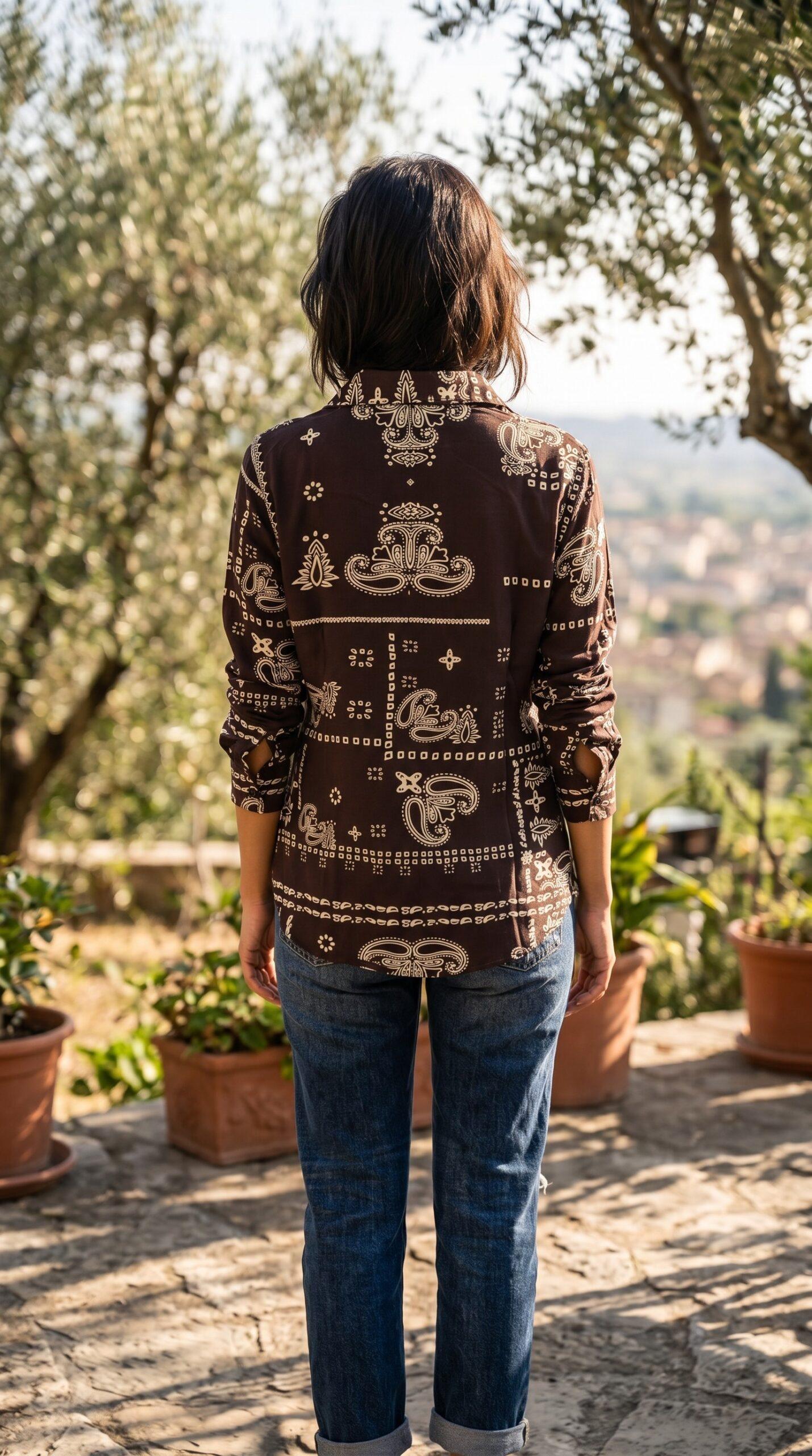 Korean-inspired paisley print shirt for women featuring vintage-inspired cream motifs on a deep brown base.