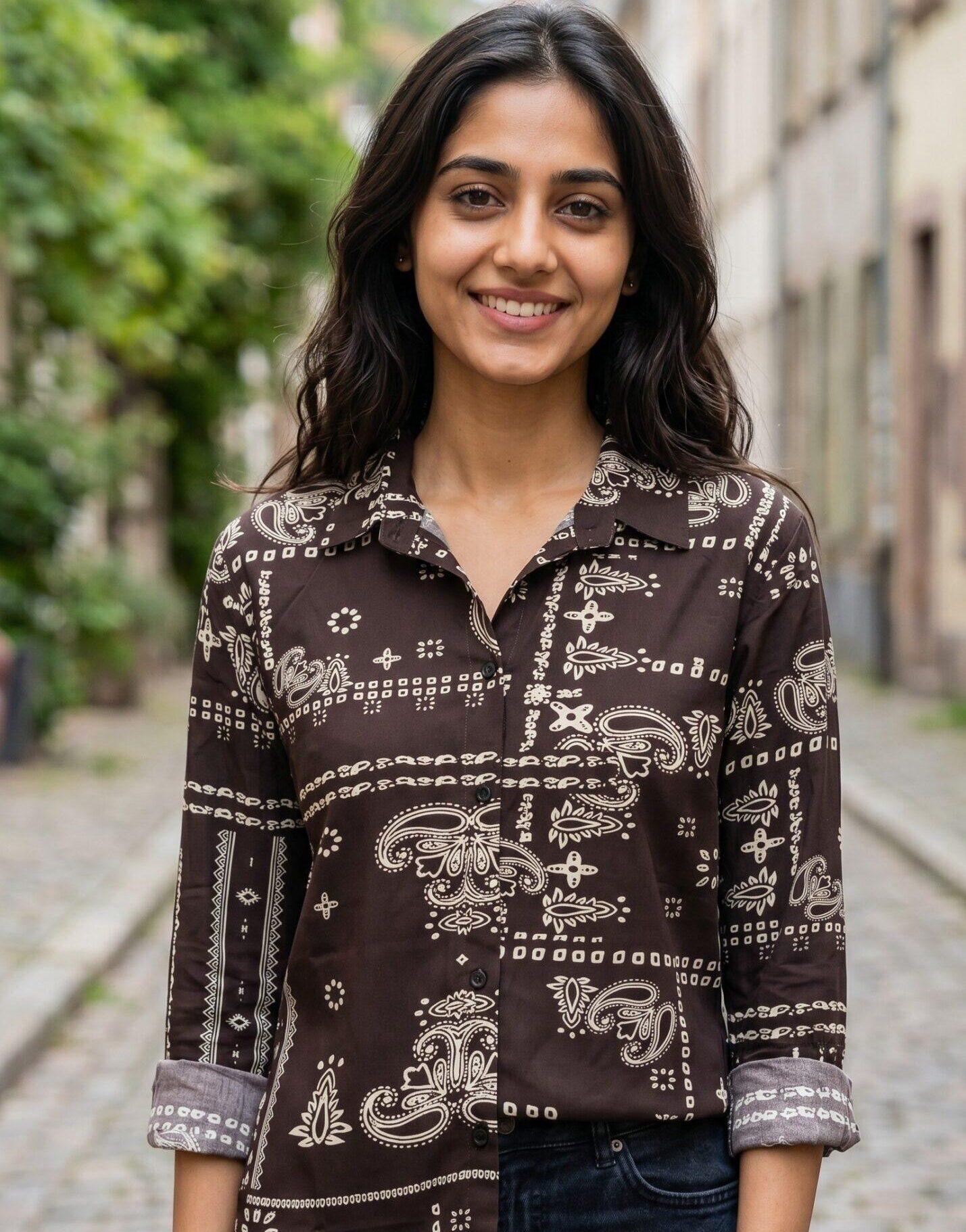 Korean-inspired paisley print shirt for women featuring vintage-inspired cream motifs on a deep brown base.