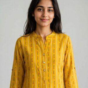 Mustard yellow floral printed top for women featuring delicate botanical motifs and a mandarin neckline.