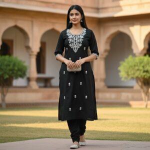 Black embroidered long kurti for women featuring elegant white thread embroidery and three-quarter sleeves by Duova Studio.