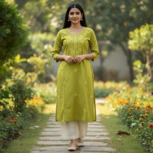 Olive green embroidered long kurti for women featuring detailed floral threadwork and elegant neckline embroidery.