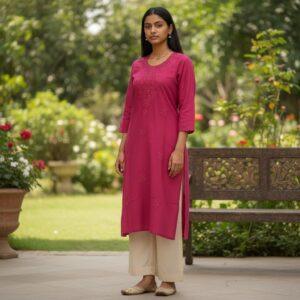 Pink embroidered long kurti for women with elegant threadwork and traditional ethnic styling by Duova Studio.