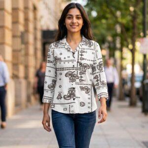 White paisley casual shirt for women featuring elegant dark paisley artwork.