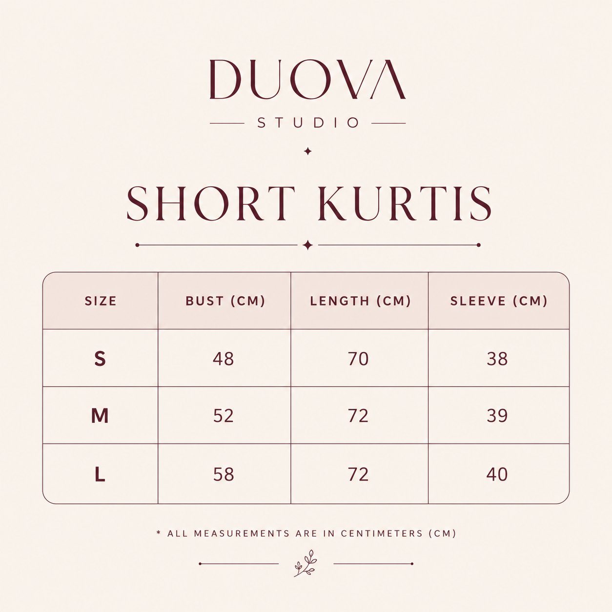 short kurti size chart