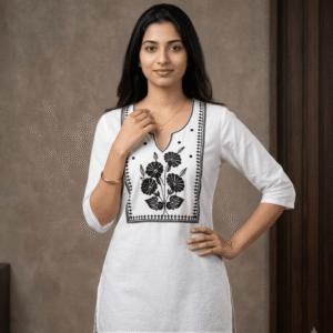 White Embroidered V Neck Short Kurti